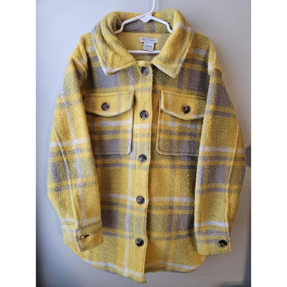 Falls Creek Kids L (10/12)‎ Yellow Plaid Fleece Button-Front Shacket Jacket